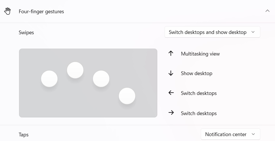 cài đặt cử chỉ bốn ngón tay