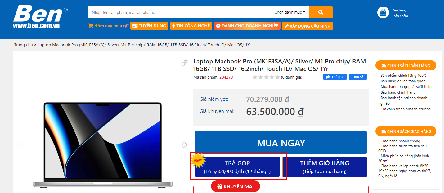 các bước thực hiện khi mua hàng trả góp tại Ben Computer
