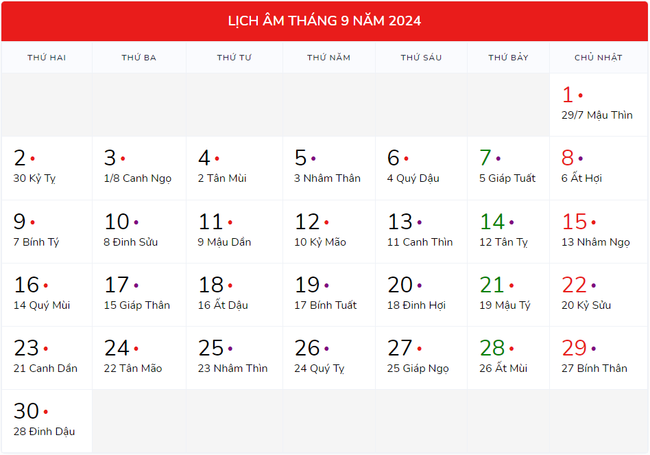 Lịch âm dương tháng 9/2024